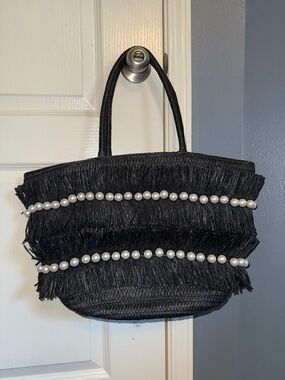 BTB Los Angeles Olivia Raffia Fringe & Imitation Pearl Tote - Black